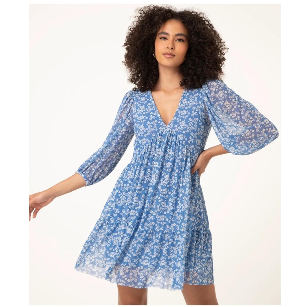 Vintage Y2K Parisian Cruise Wear Blue Floral Mesh Long Sleeve Mini Dress Large